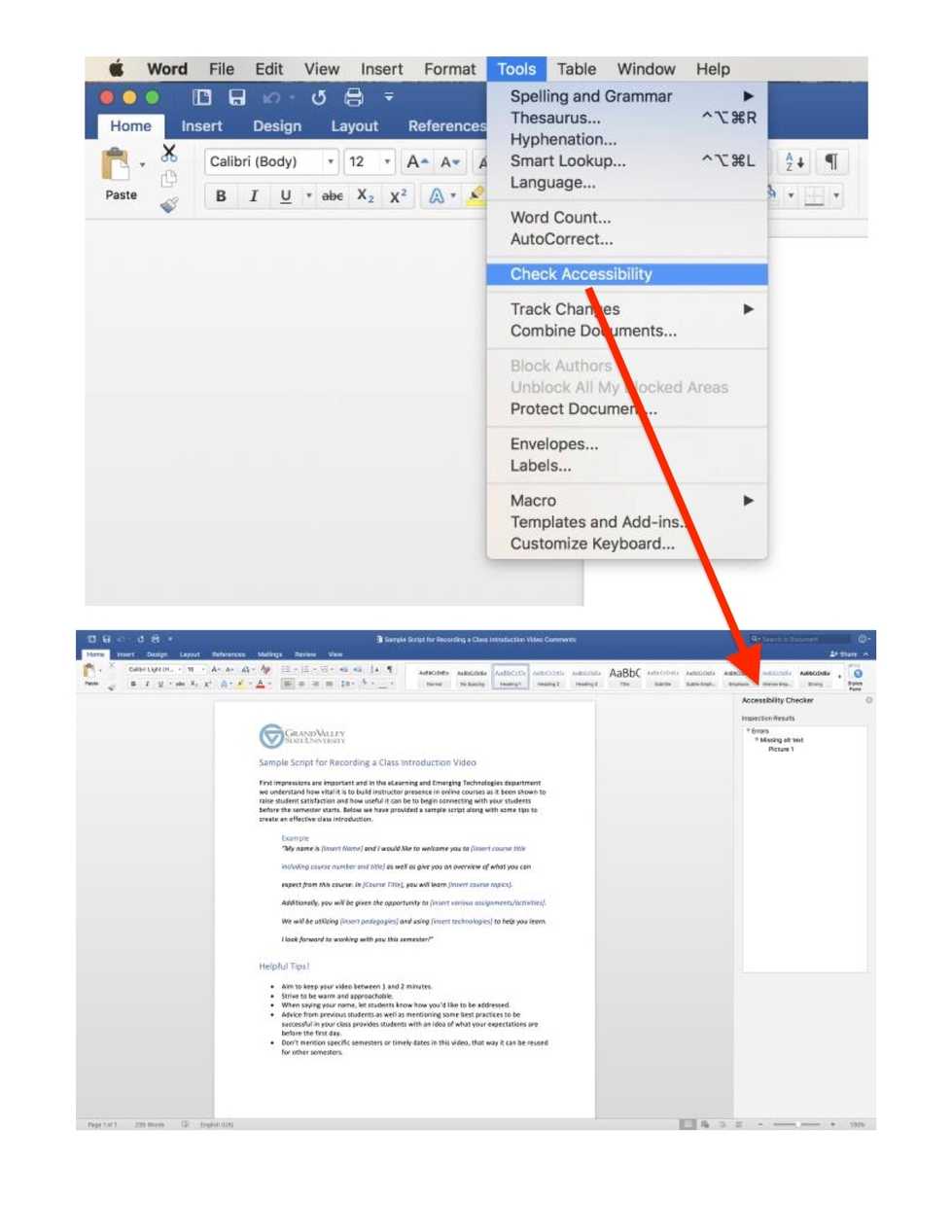 Top Half: Microsoft Word with Tools dropdown menu open, Accessibility Checker highlighted. Bottom Half: Right Accessibility Panel open stating one Error that alt text is missing for Picture 1